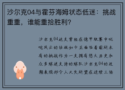 沙尔克04与霍芬海姆状态低迷：挑战重重，谁能重拾胜利？